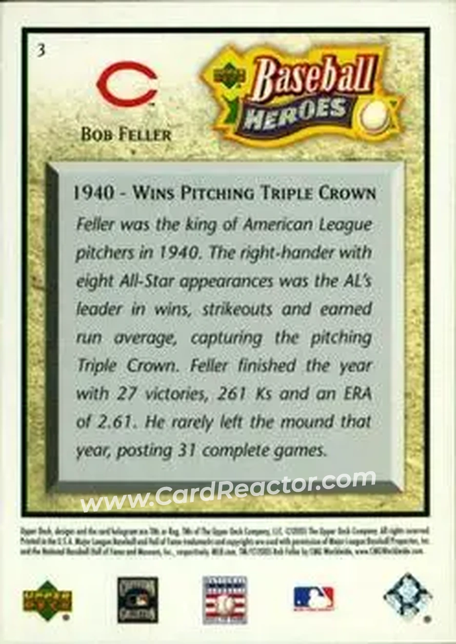 2005 Upper Deck Baseball Heroes #3 - Bob Feller - Cleveland Indians - Back