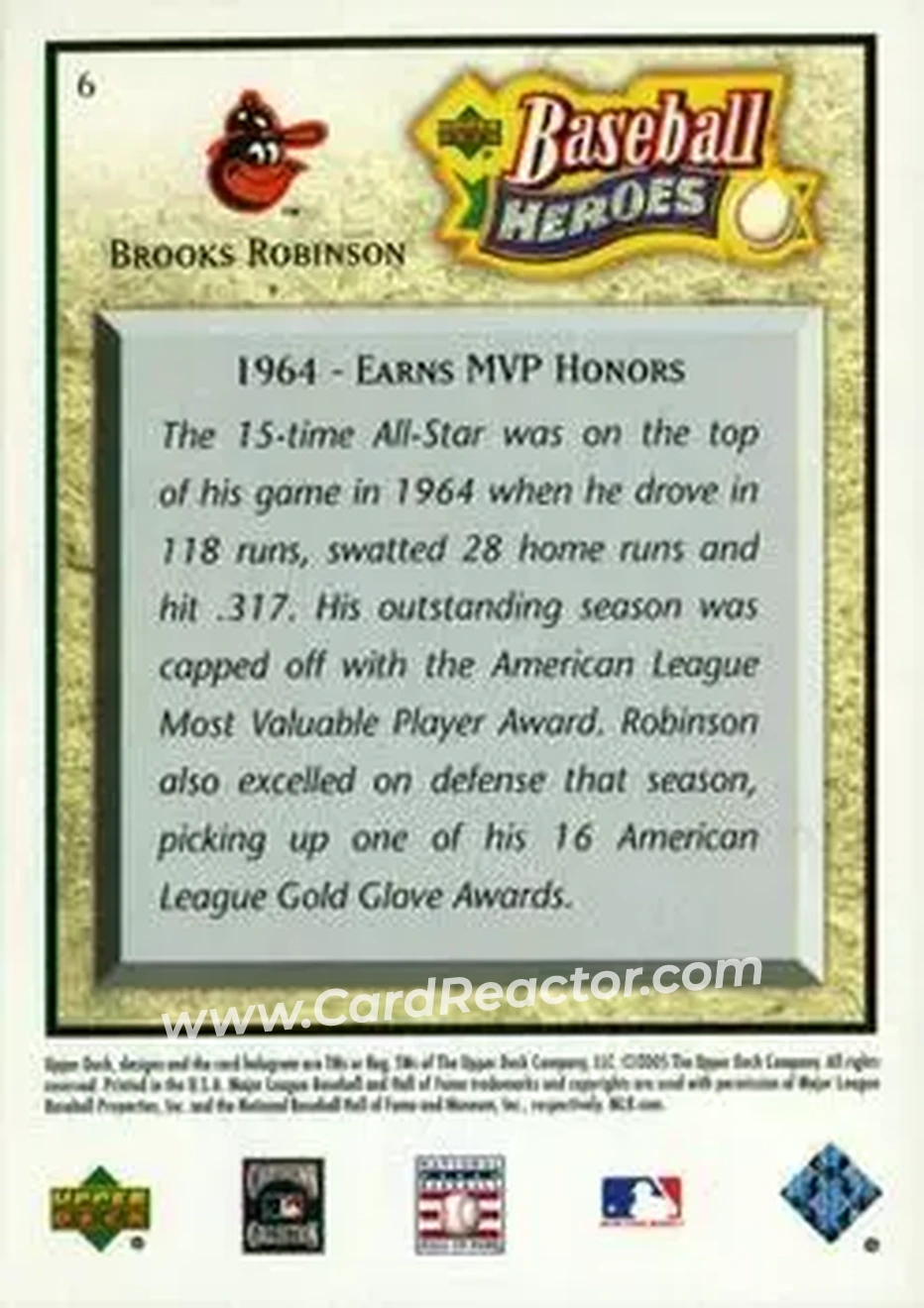 2005 Upper Deck Baseball Heroes #6 - Brooks Robinson - Baltimore Orioles - Back