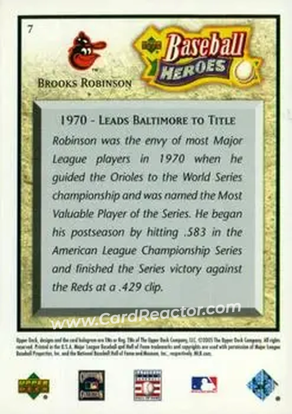 2005 Upper Deck Baseball Heroes #7 - Brooks Robinson - Baltimore Orioles - Back