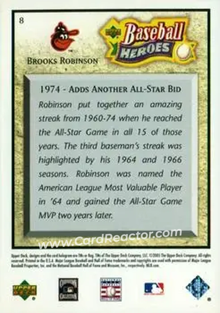 2005 Upper Deck Baseball Heroes #8 - Brooks Robinson - Baltimore Orioles - Back
