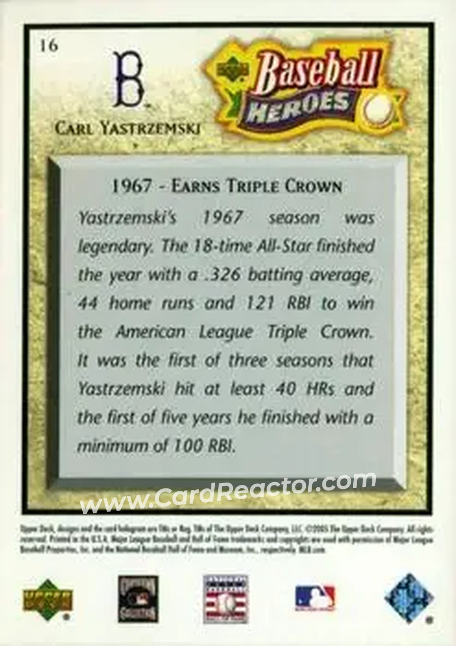 2005 Upper Deck Baseball Heroes #16 - Carl Yastrzemski - Boston Red Sox - Back