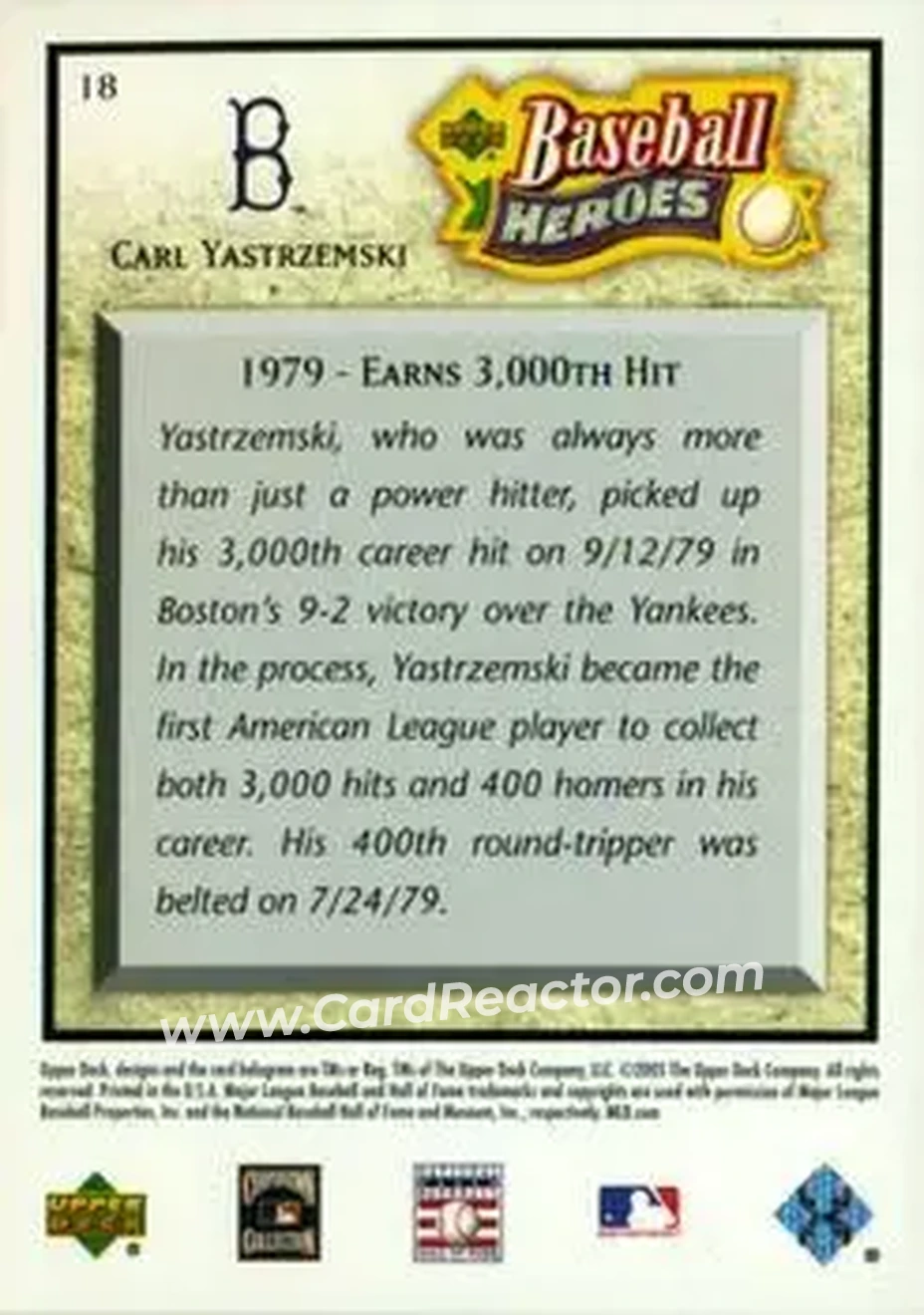 2005 Upper Deck Baseball Heroes #18 - Carl Yastrzemski - Boston Red Sox - Back