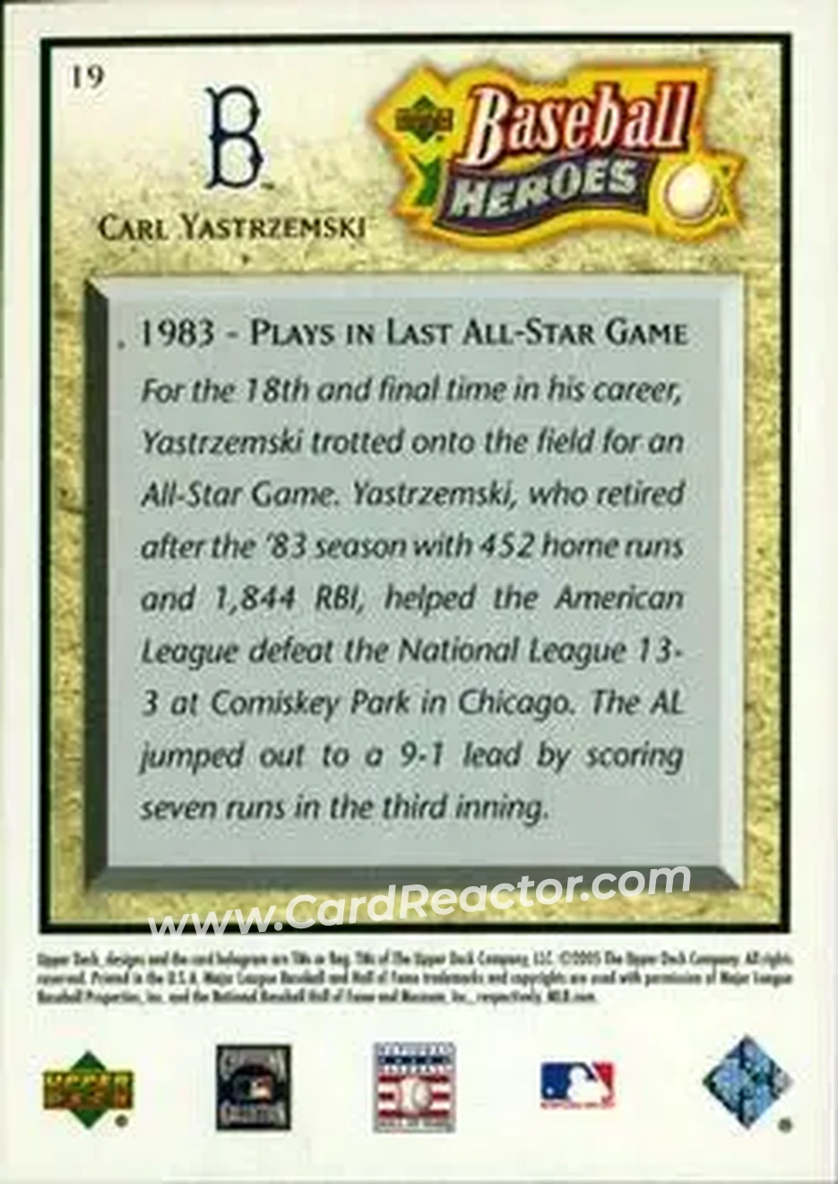 2005 Upper Deck Baseball Heroes #19 - Carl Yastrzemski - Boston Red Sox - Back