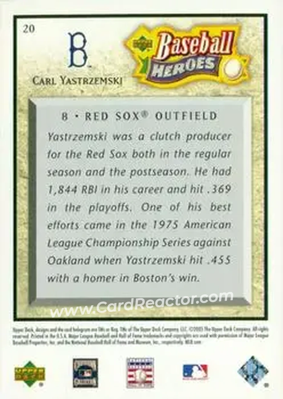 2005 Upper Deck Baseball Heroes #20 - Carl Yastrzemski - Boston Red Sox - Back