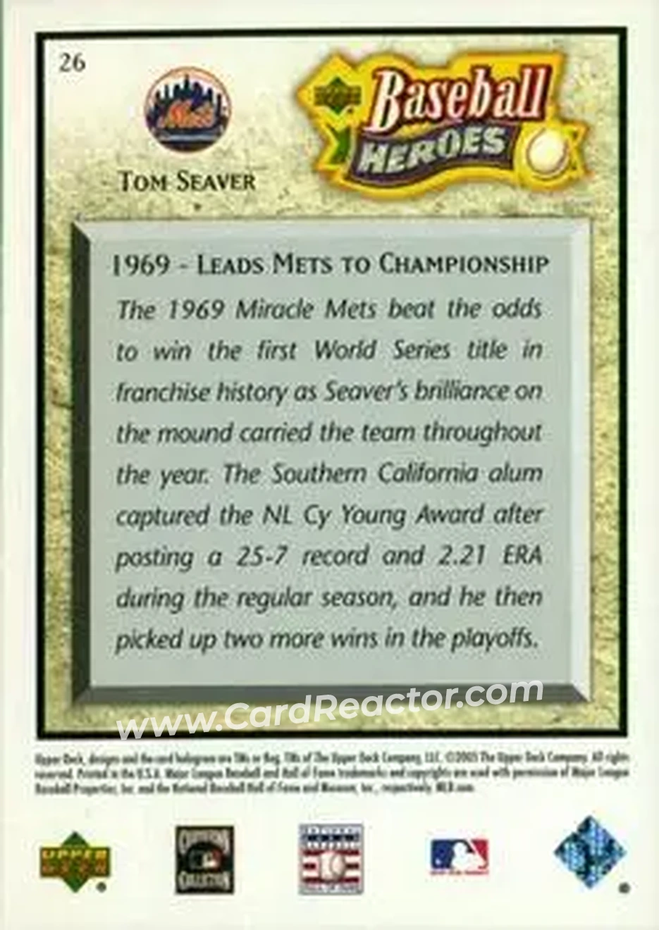 2005 Upper Deck Baseball Heroes #26 - Tom Seaver - New York Mets - Back