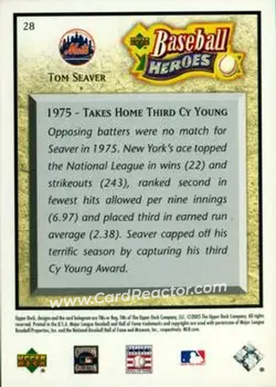 2005 Upper Deck Baseball Heroes #28 - Tom Seaver - New York Mets - Back