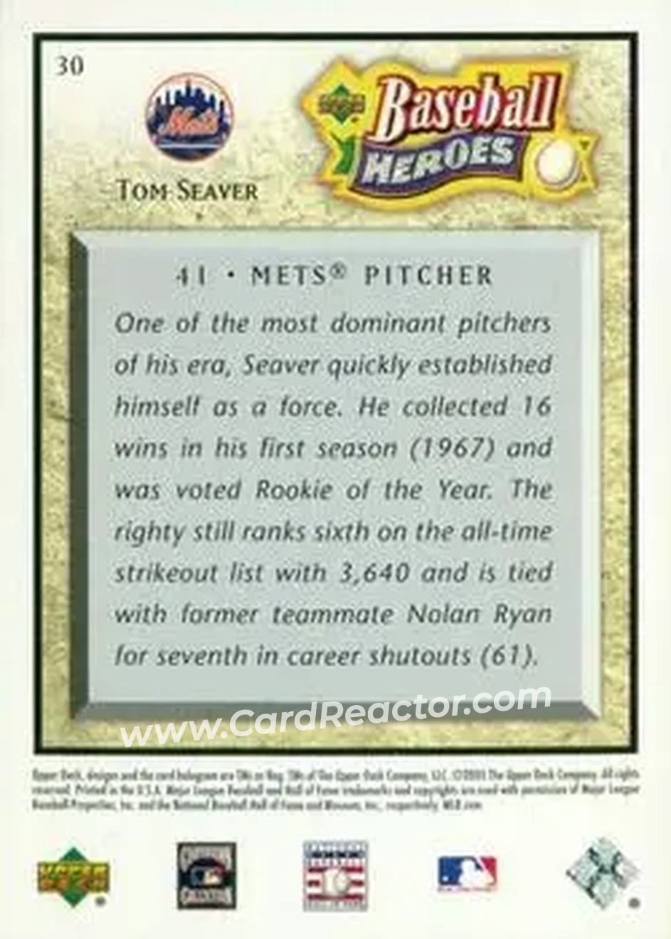 2005 Upper Deck Baseball Heroes #30 - Tom Seaver - New York Mets - Back