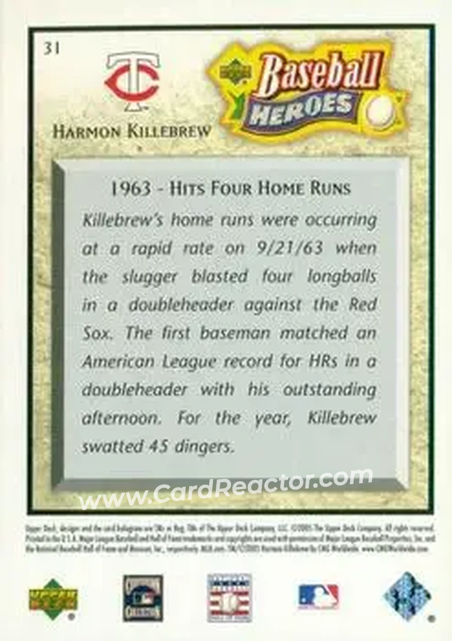 2005 Upper Deck Baseball Heroes #31 - Harmon Killebrew - Minnesota Twins - Back
