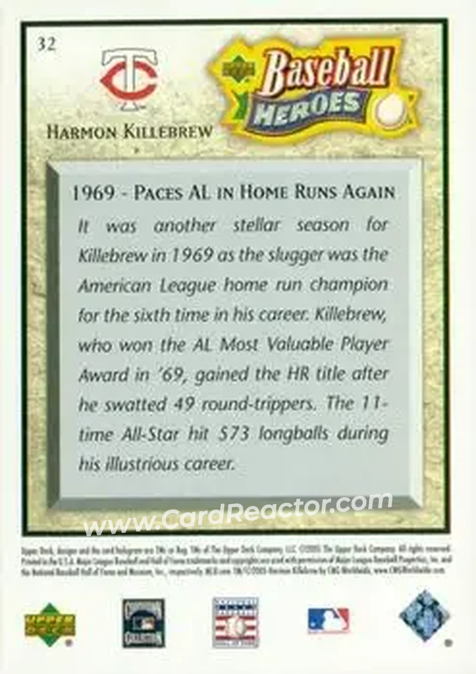 2005 Upper Deck Baseball Heroes #32 - Harmon Killebrew - Minnesota Twins - Back