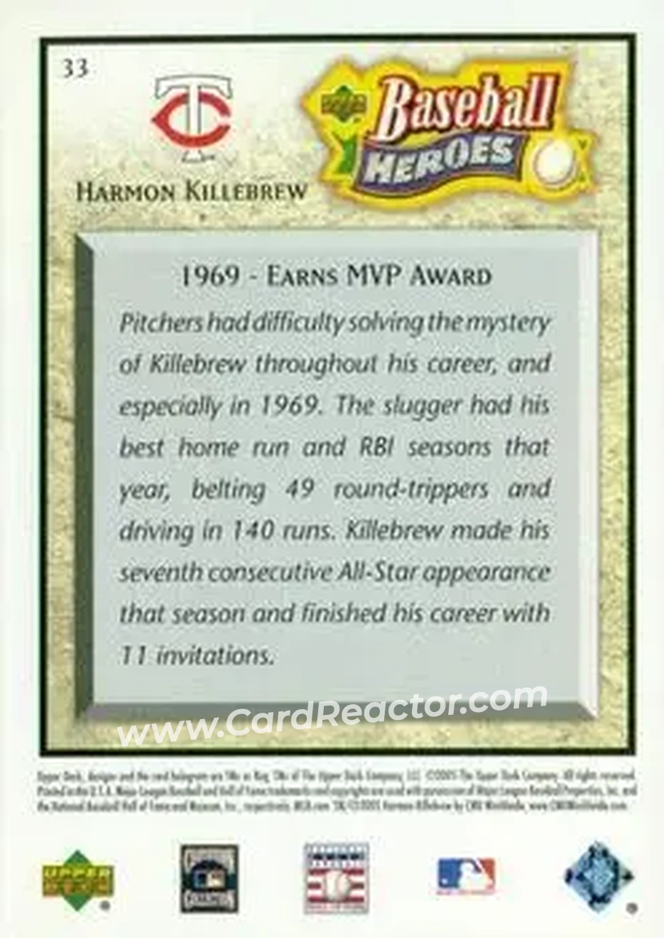 2005 Upper Deck Baseball Heroes #33 - Harmon Killebrew - Minnesota Twins - Back
