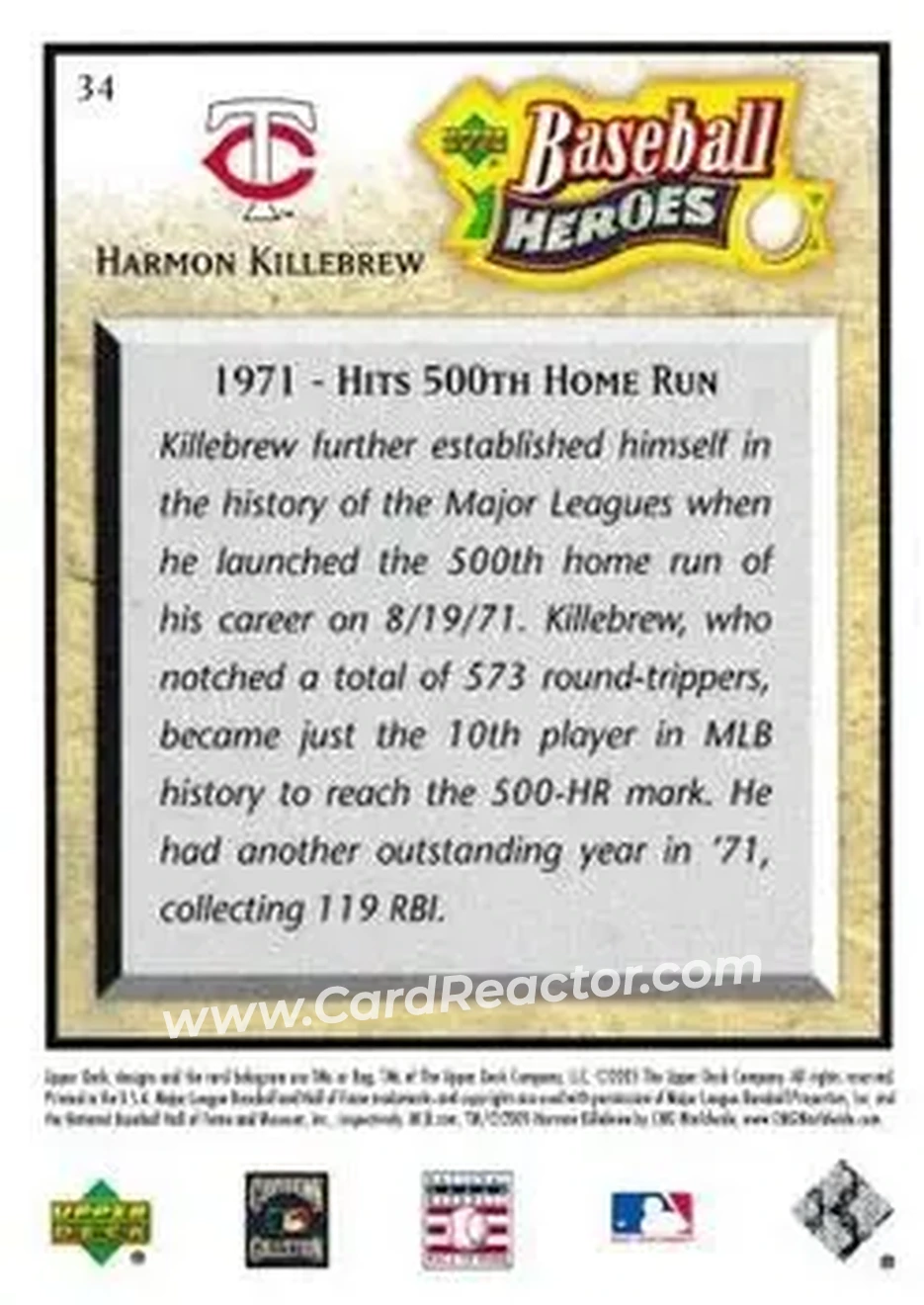 2005 Upper Deck Baseball Heroes #34 - Harmon Killebrew - Minnesota Twins - Back
