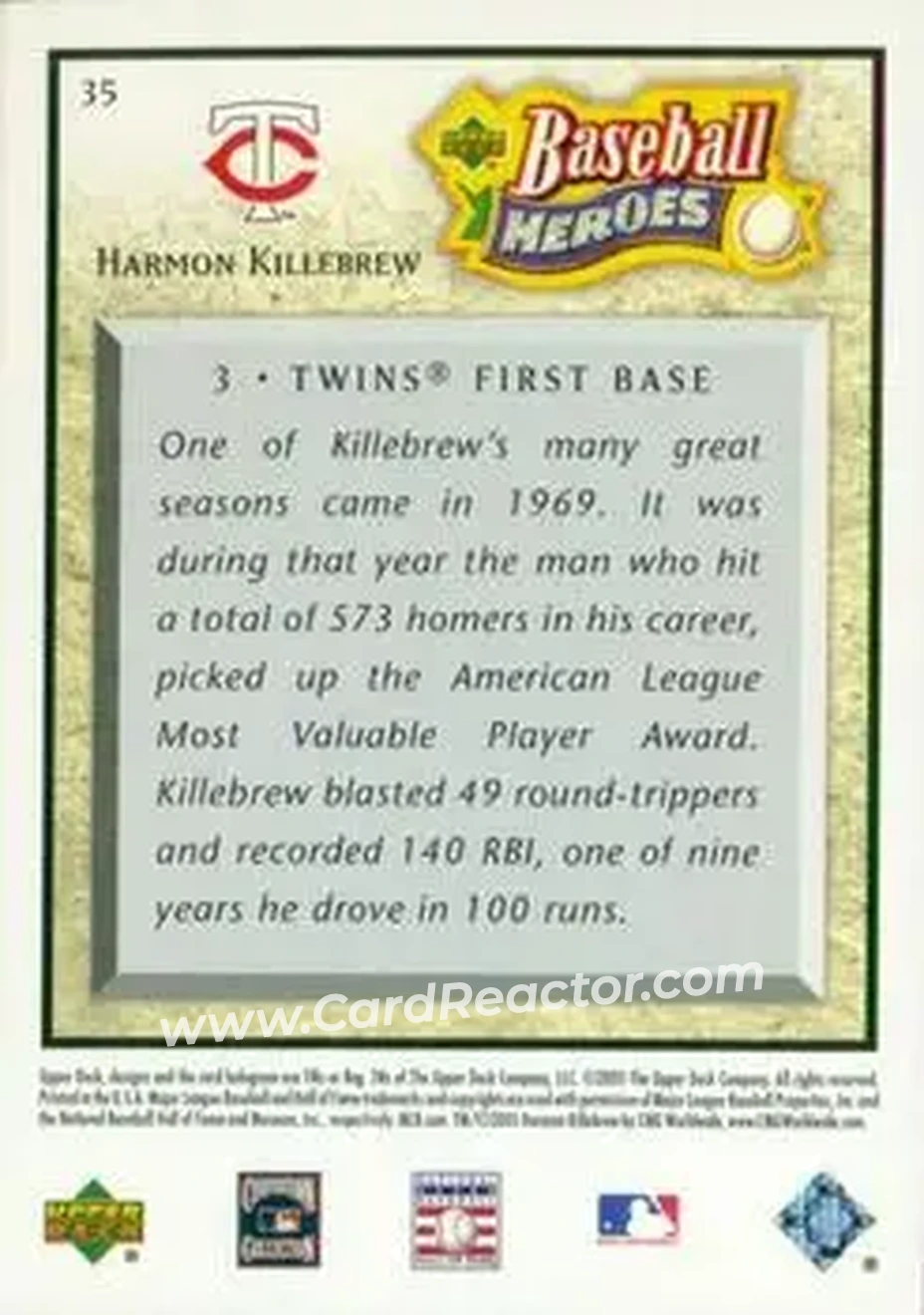 2005 Upper Deck Baseball Heroes #35 - Harmon Killebrew - Minnesota Twins - Back
