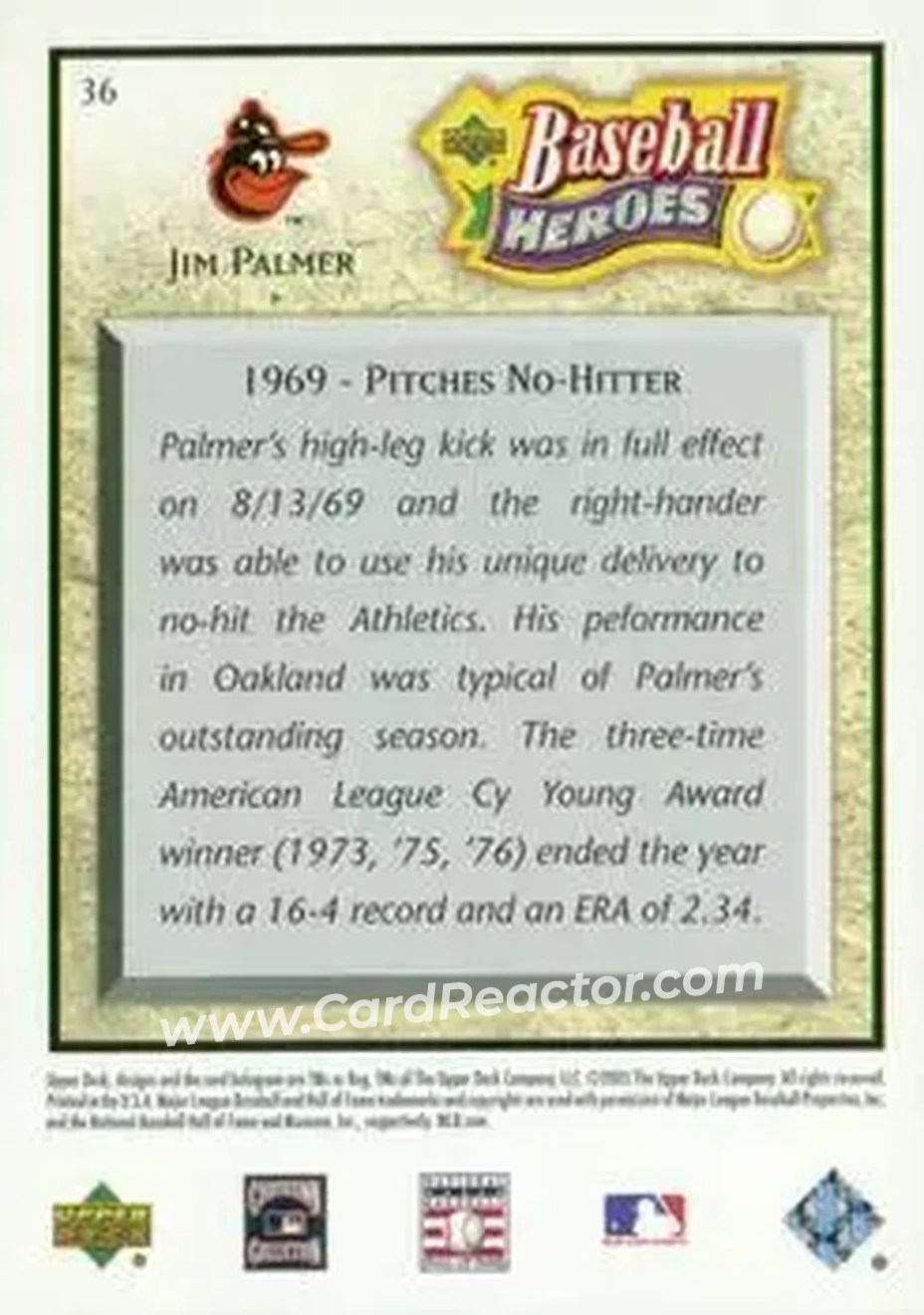 2005 Upper Deck Baseball Heroes #36 - Jim Palmer - Baltimore Orioles - Back