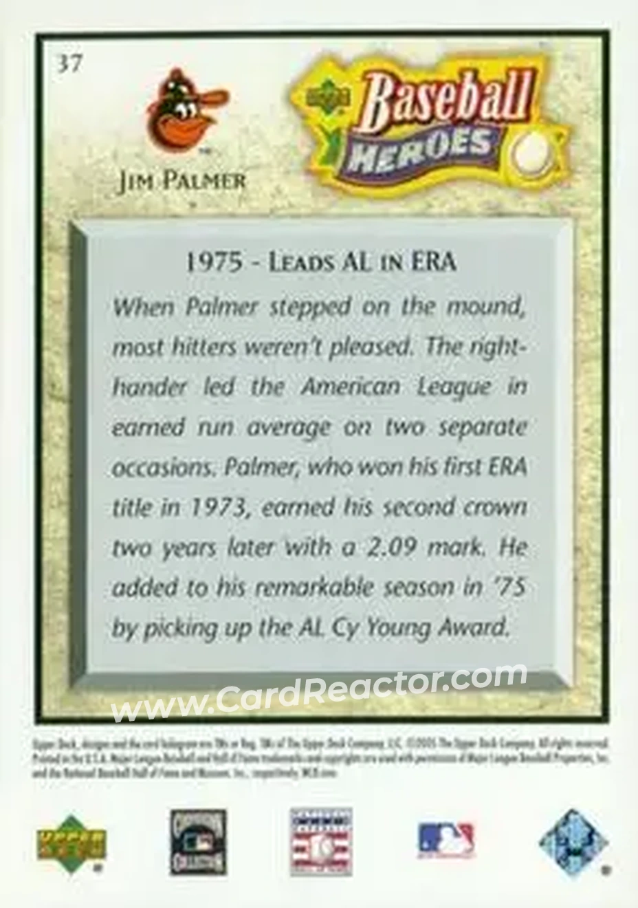 2005 Upper Deck Baseball Heroes #37 - Jim Palmer - Baltimore Orioles - Back
