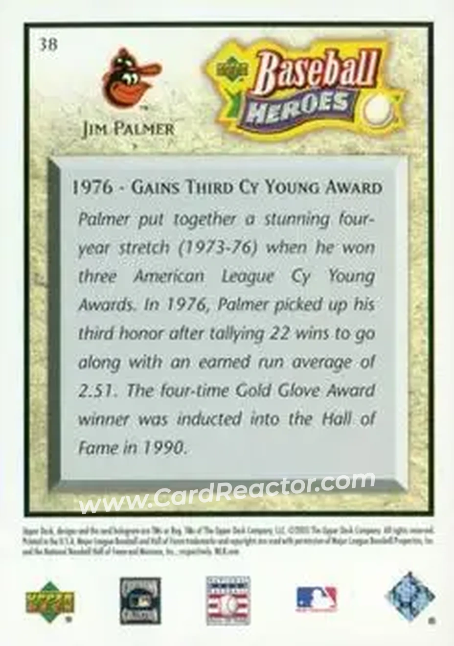2005 Upper Deck Baseball Heroes #38 - Jim Palmer - Baltimore Orioles - Back