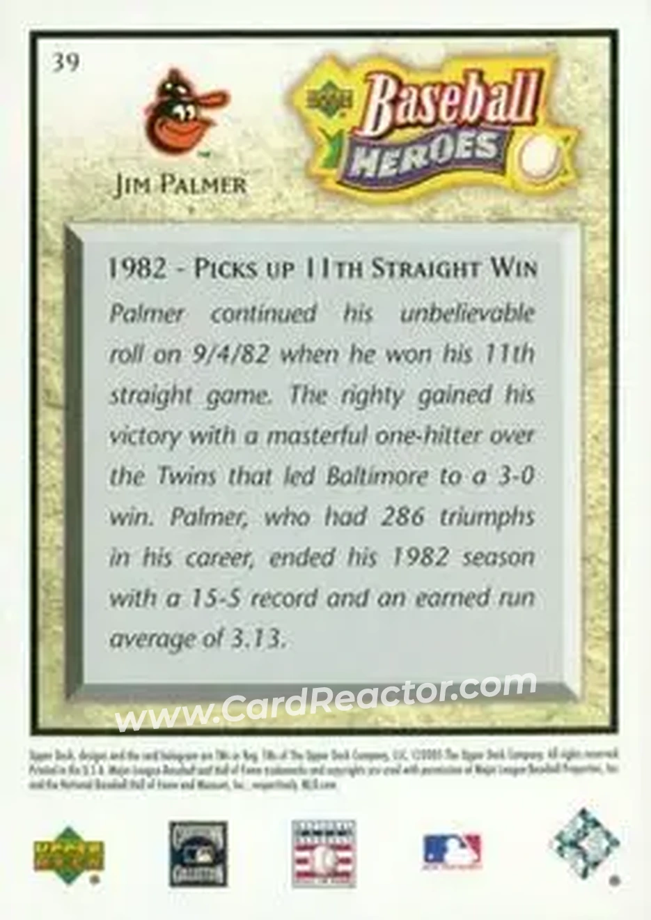 2005 Upper Deck Baseball Heroes #39 - Jim Palmer - Baltimore Orioles - Back 2005 Upper Deck Baseball Heroes #39 - Jim Palmer - Baltimore Orioles - Back