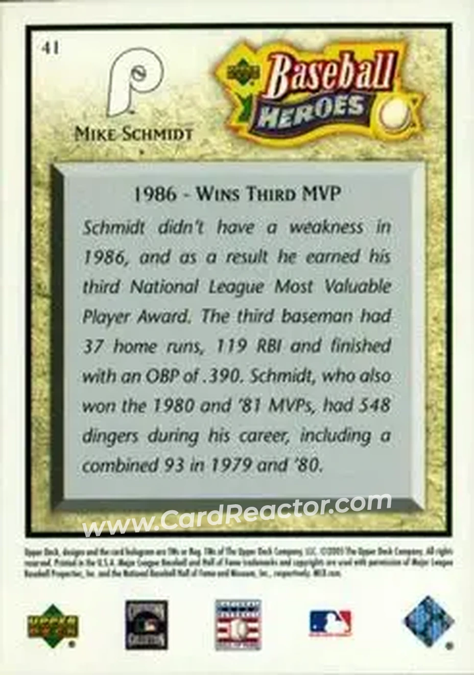 2005 Upper Deck Baseball Heroes #41 - Mike Schmidt - Philadelphia Phillies - Back