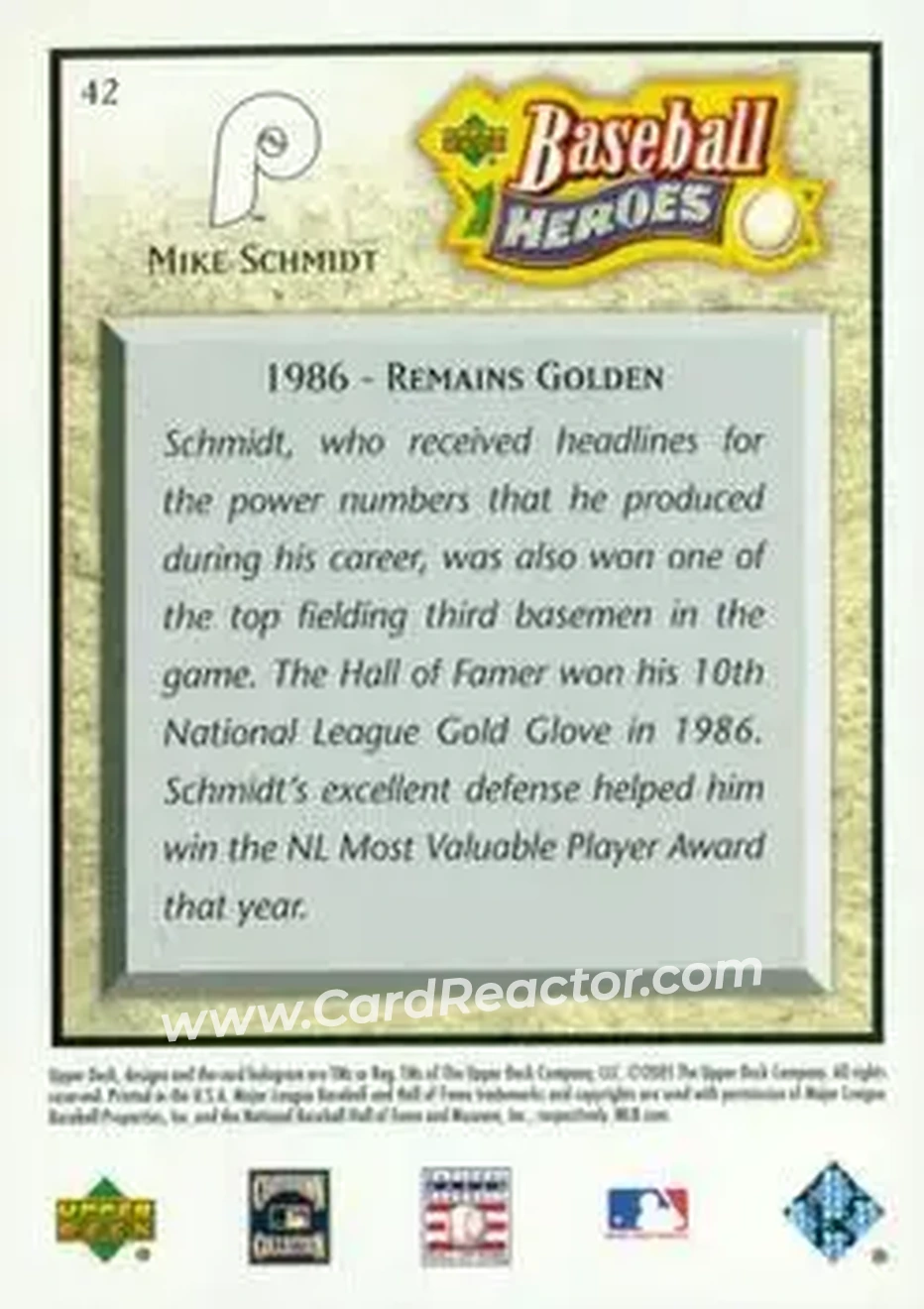 2005 Upper Deck Baseball Heroes #42 - Mike Schmidt - Philadelphia Phillies - Back