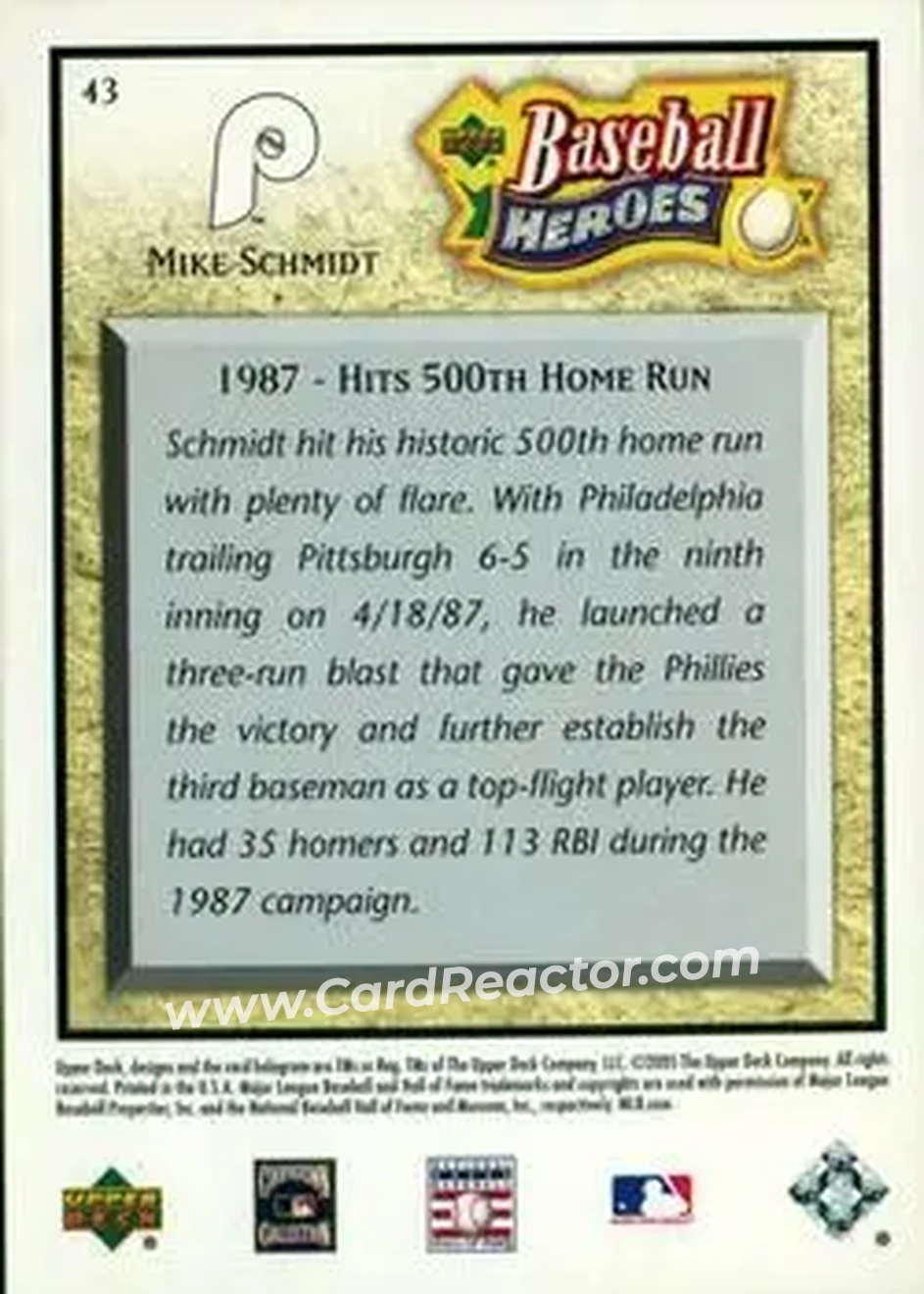 2005 Upper Deck Baseball Heroes #43 - Mike Schmidt - Philadelphia Phillies - Back