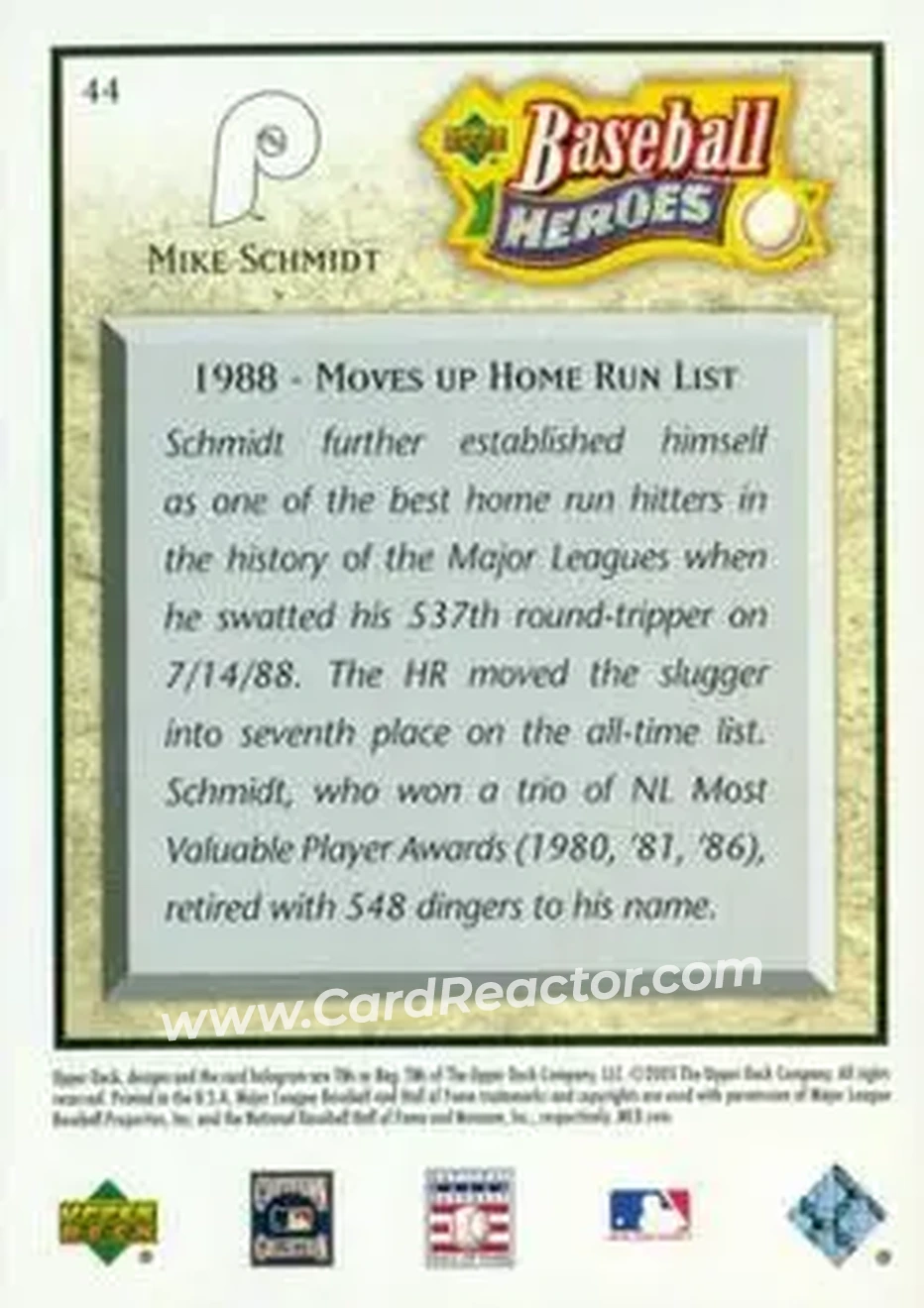 2005 Upper Deck Baseball Heroes #44 - Mike Schmidt - Philadelphia Phillies - Back