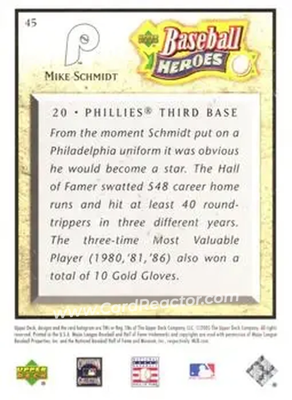 2005 Upper Deck Baseball Heroes #45 - Mike Schmidt - Philadelphia Phillies - Back