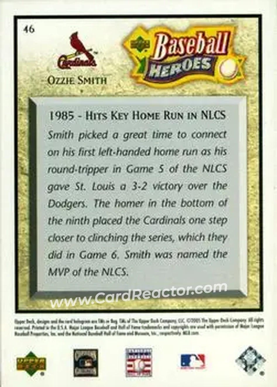 2005 Upper Deck Baseball Heroes #46 - Ozzie Smith - St. Louis Cardinals - Back