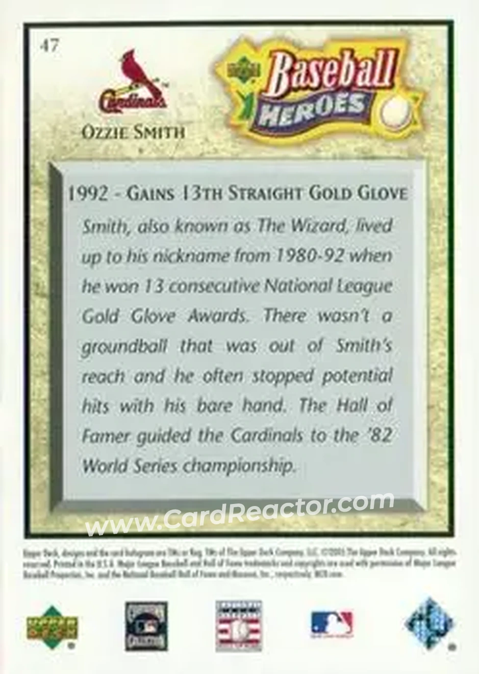 2005 Upper Deck Baseball Heroes #47 - Ozzie Smith - St. Louis Cardinals - Back