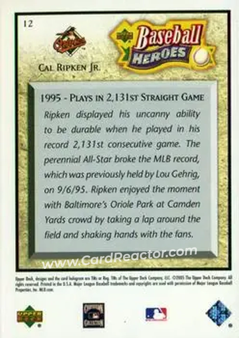 2005 Upper Deck Baseball Heroes #12 - Cal Ripken - Baltimore Orioles - Back