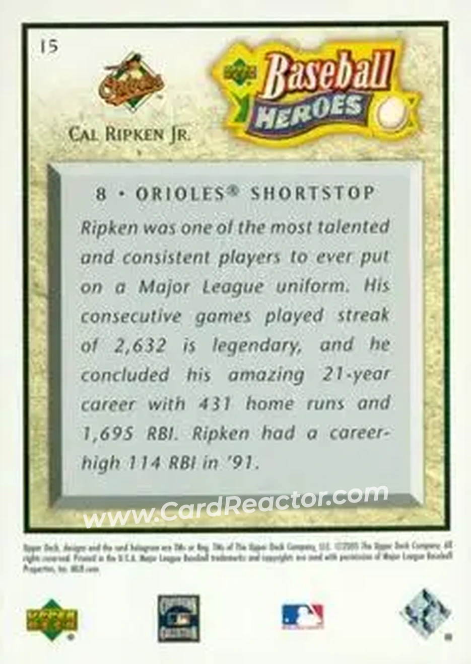 2005 Upper Deck Baseball Heroes #15 - Cal Ripken - Baltimore Orioles - Back