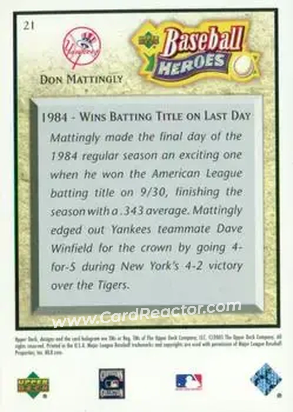 2005 Upper Deck Baseball Heroes #21 - Don Mattingly - New York Yankees - Back