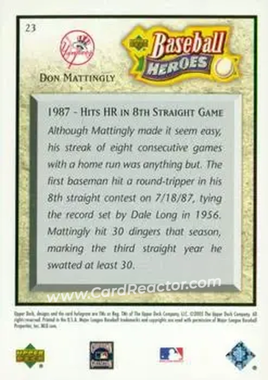 2005 Upper Deck Baseball Heroes #23 - Don Mattingly - New York Yankees - Back
