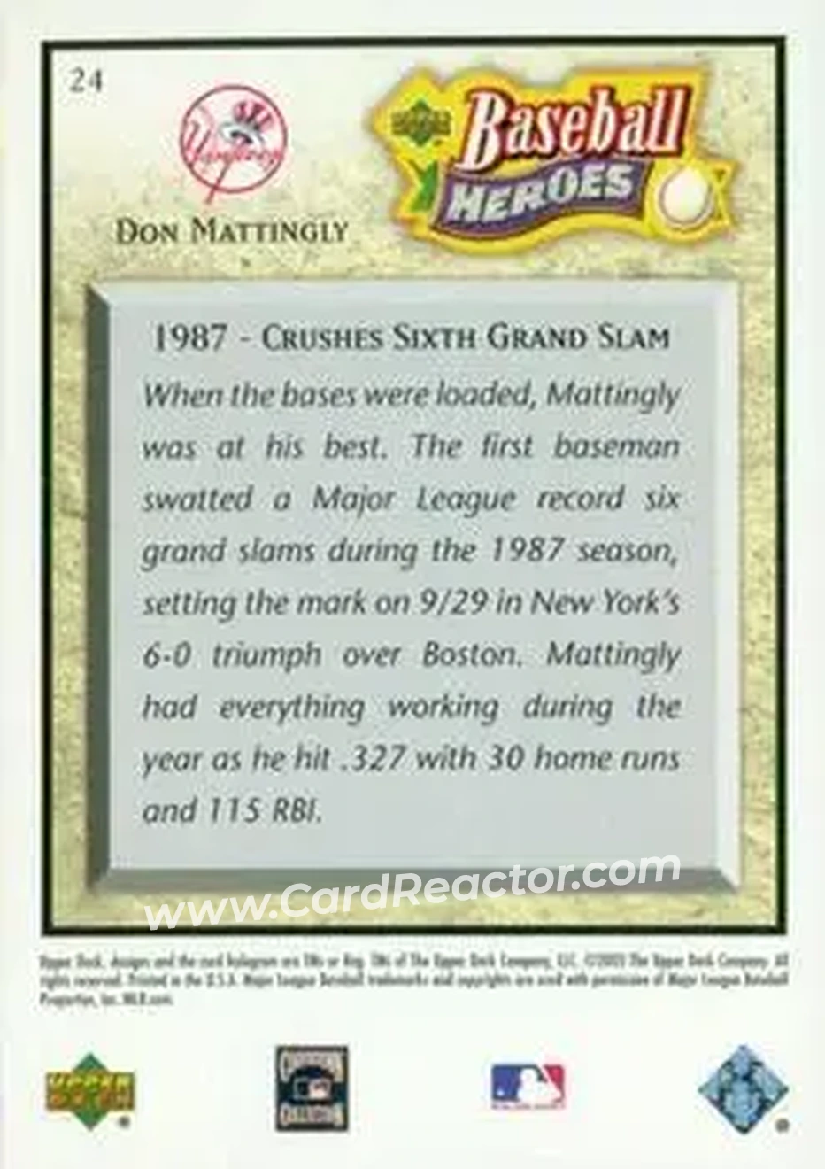 2005 Upper Deck Baseball Heroes #24 - Don Mattingly - New York Yankees - Back