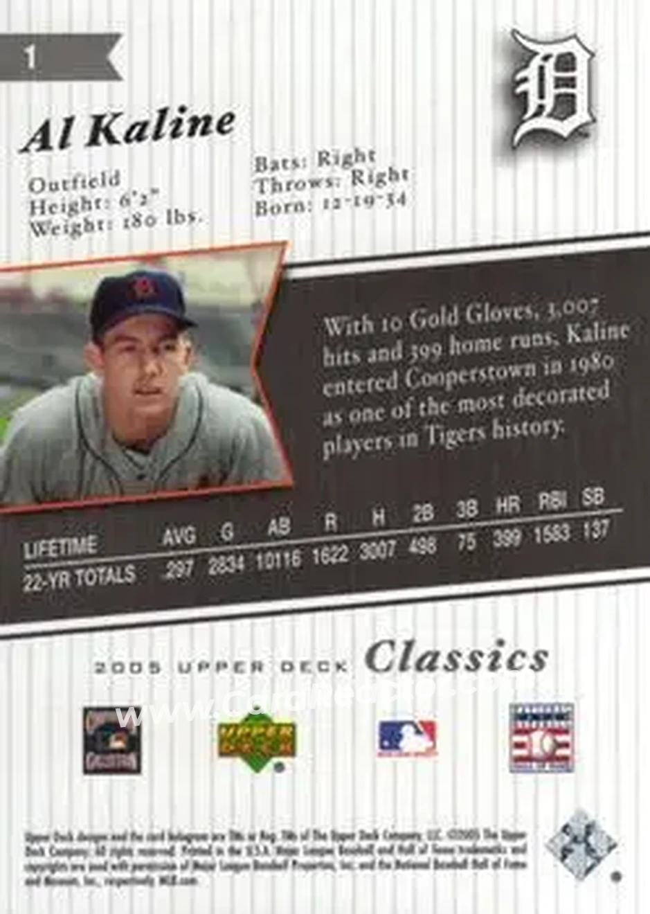 2005 Upper Deck Classics #1 - Al Kaline - Detroit Tigers - Back