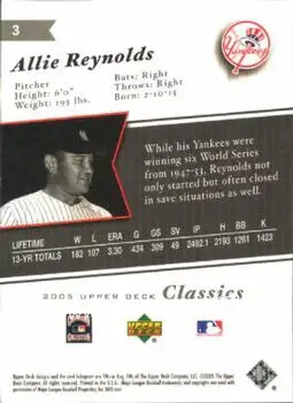 2005 Upper Deck Classics #3 - Allie Reynolds - New York Yankees - Back