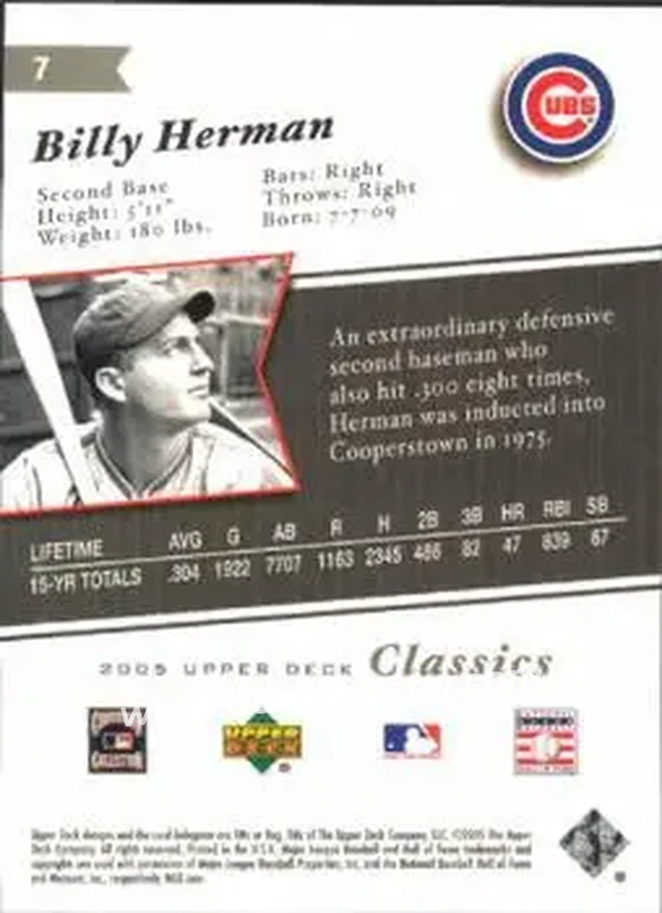 2005 Upper Deck Classics #7 - Billy Herman - Chicago Cubs - Back