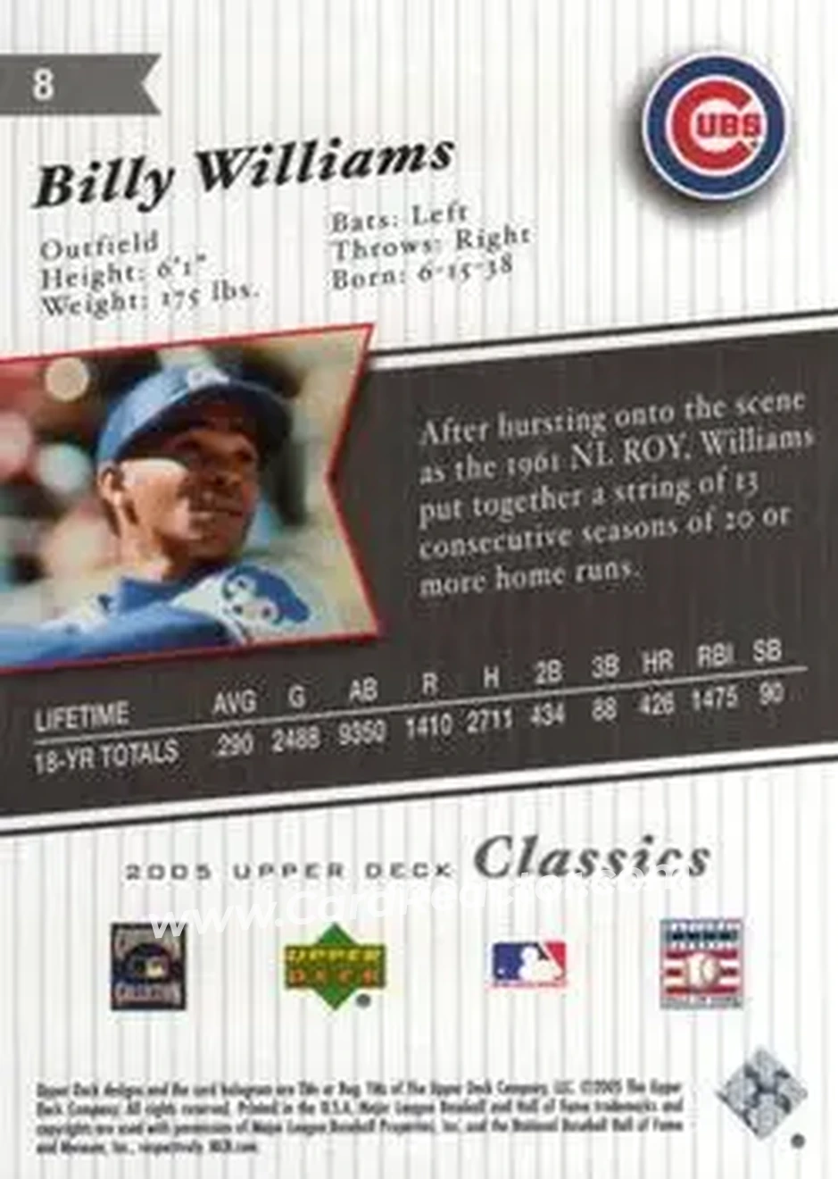 2005 Upper Deck Classics #8 - Billy Williams - Chicago Cubs - Back