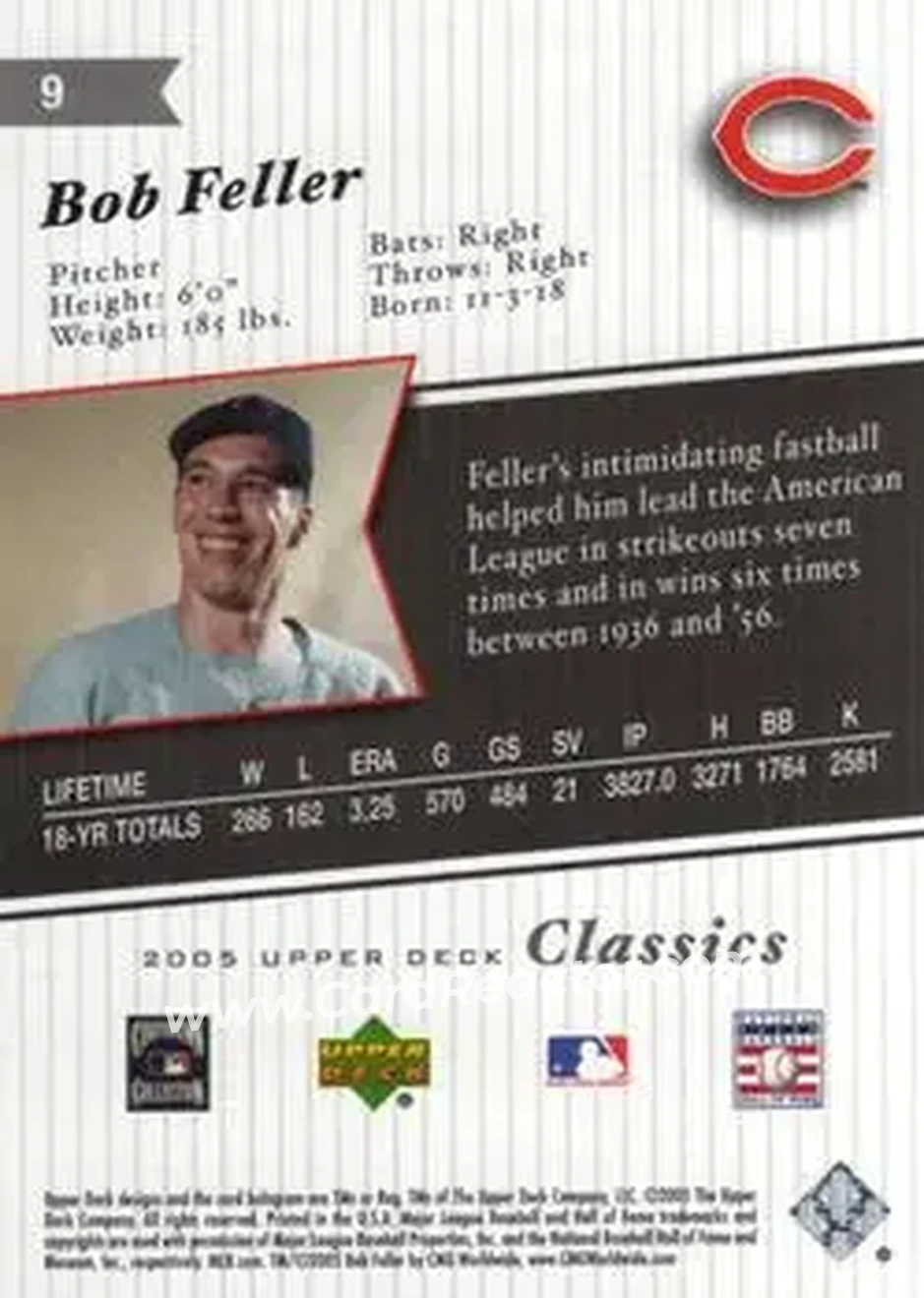 2005 Upper Deck Classics #9 - Bob Feller - Cleveland Indians - Back