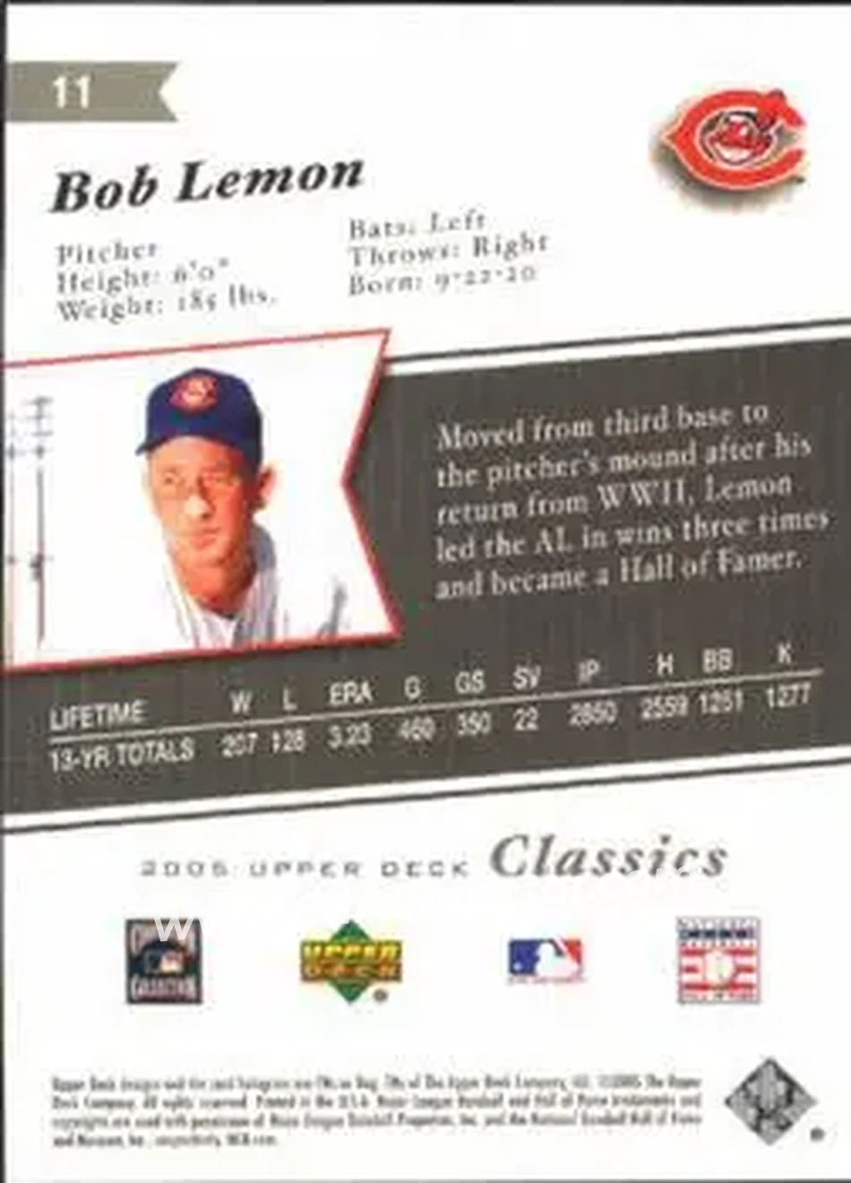 2005 Upper Deck Classics #11 - Bob Lemon - Cleveland Indians - Back