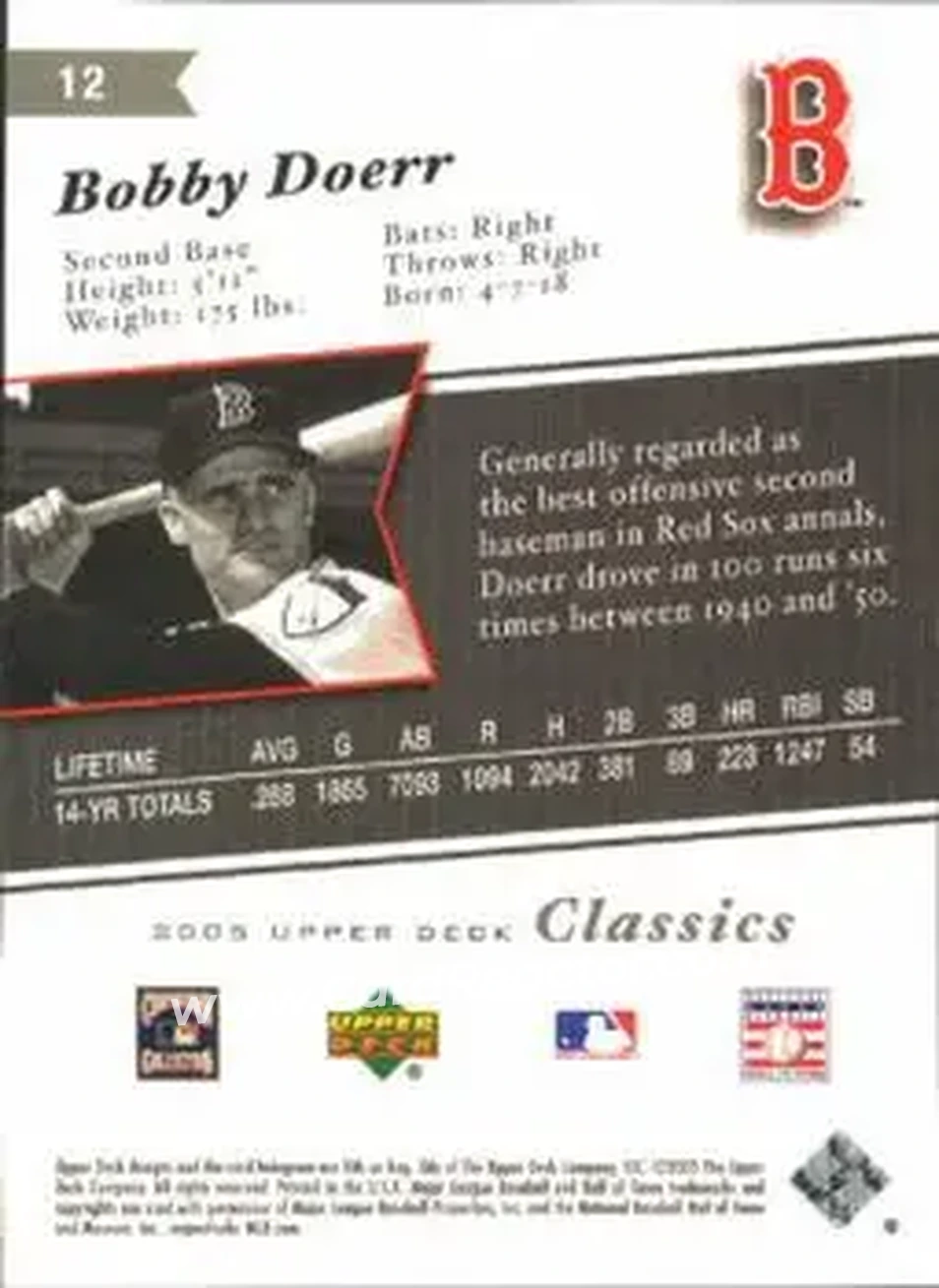 2005 Upper Deck Classics #12 - Bobby Doerr - Boston Red Sox - Back