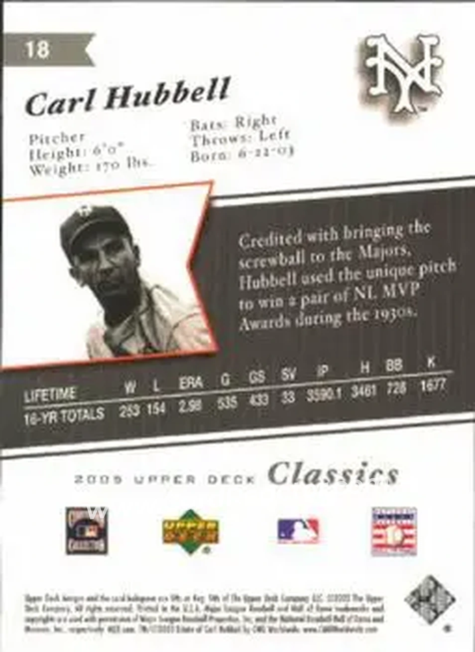2005 Upper Deck Classics #18 - Carl Hubbell - New York Giants - Back