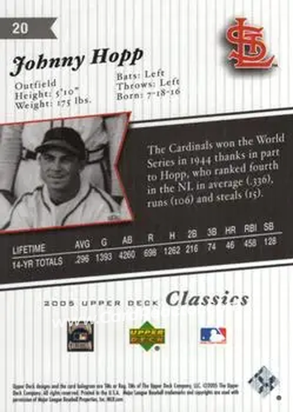 2005 Upper Deck Classics #20 - Johnny Hopp - St. Louis Cardinals - Back