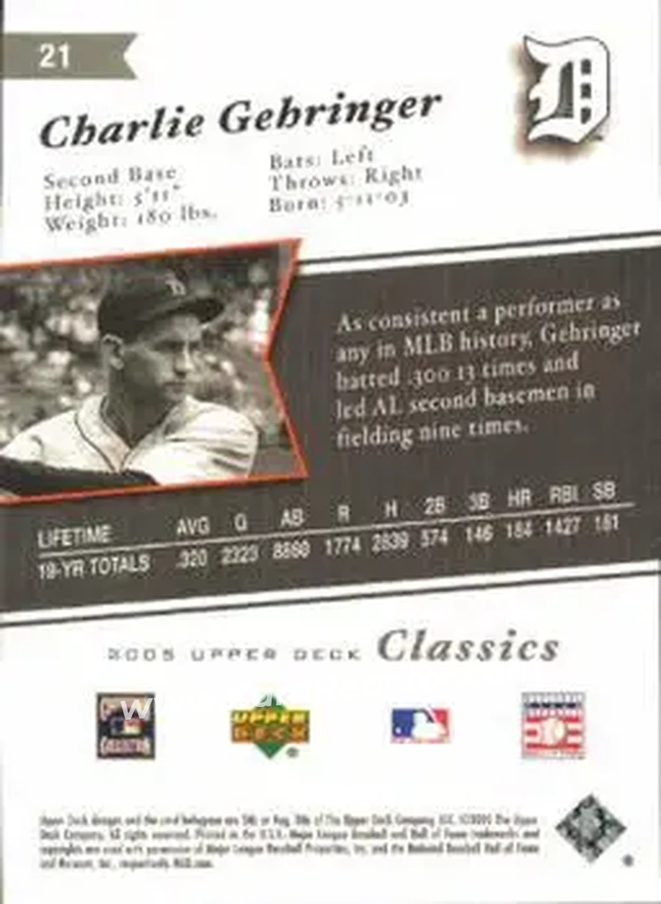 2005 Upper Deck Classics #21 - Charlie Gehringer - Detroit Tigers - Back