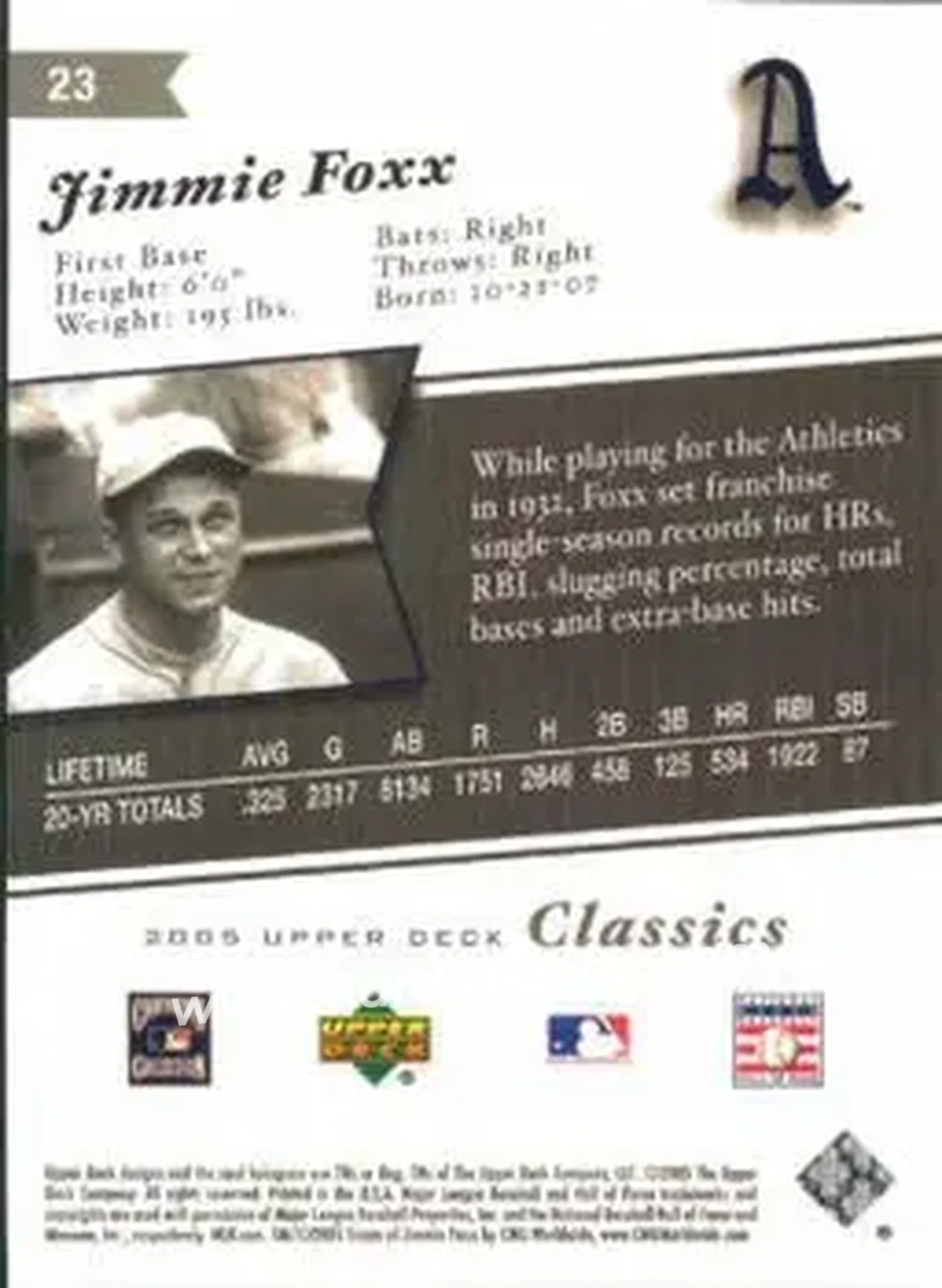 2005 Upper Deck Classics #23 - Jimmie Foxx - Philadelphia Athletics - Back