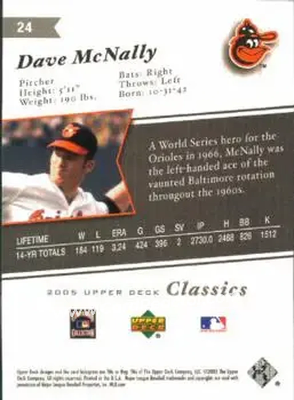 2005 Upper Deck Classics #24 - Dave McNally - Baltimore Orioles - Back 2005 Upper Deck Classics #24 - Dave McNally - Baltimore Orioles - Back