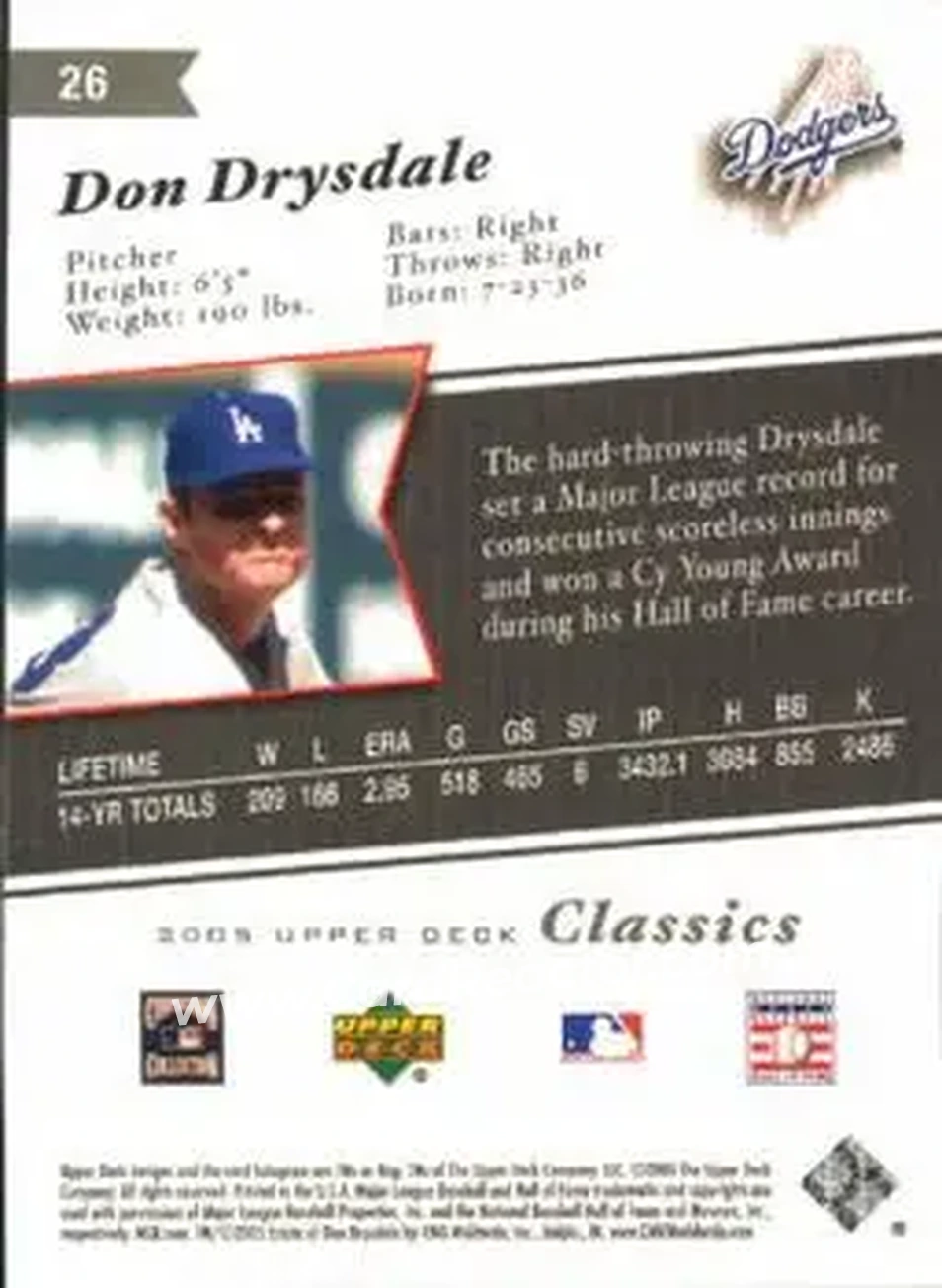 2005 Upper Deck Classics #26 - Don Drysdale - Los Angeles Dodgers - Back