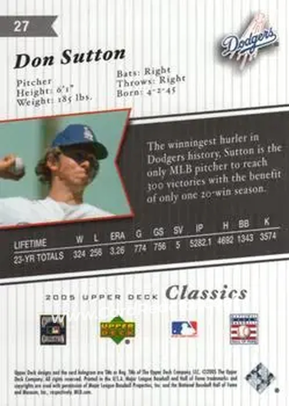 2005 Upper Deck Classics #27 - Don Sutton - Los Angeles Dodgers - Back