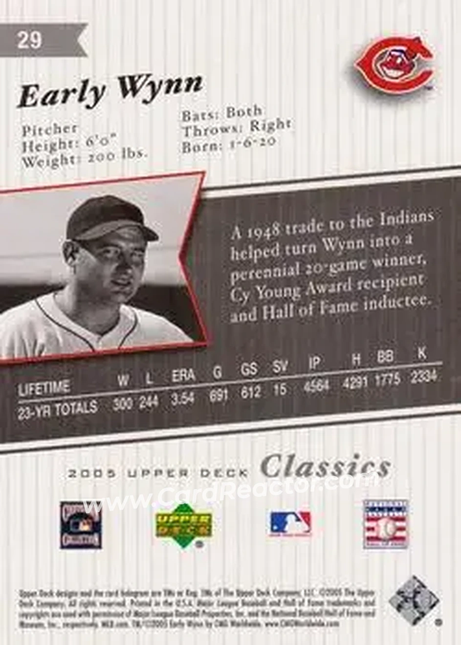 2005 Upper Deck Classics #29 - Early Wynn - Cleveland Indians - Back