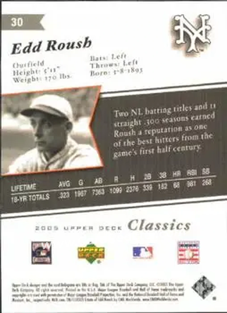 2005 Upper Deck Classics #30 - Edd Roush - New York Giants - Back