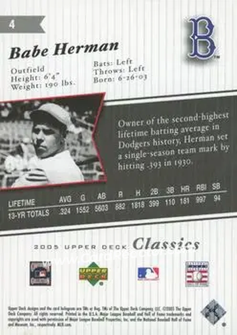 2005 Upper Deck Classics #4 - Floyd “Babe” Herman - Brooklyn Dodgers - Back