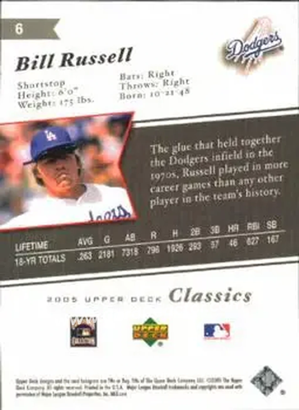 2005 Upper Deck Classics #6 - Bill Russell - Los Angeles Dodgers - Back